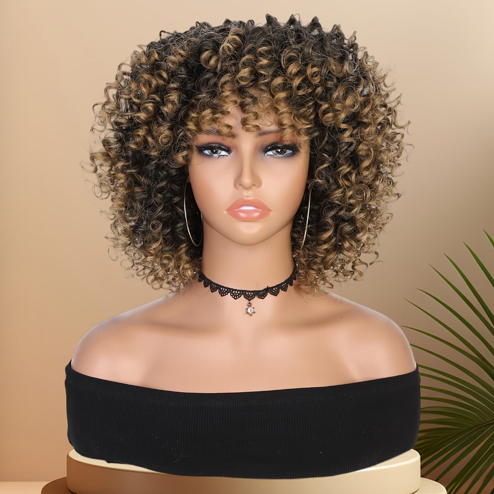 Afro Kinky Curly Wig for Black Women Short Synthetic Hair with Bangs 180% High Density Natural Fluffy Curls Stretch Cap Daily Wear Party Cosplay Fits All Head Sizes