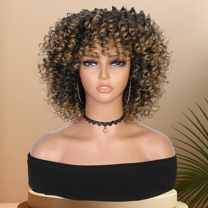 Afro Kinky Curly Wig for Black Women Short Synthetic Hair with Bangs 180% High Density Natural Fluffy Curls Stretch Cap Daily Wear Party Cosplay Fits All Head Sizes