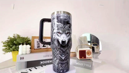 40oz Wolf-and-Raven Graphic Handled Tumbler with Black Lid, Straw and 10 x 26.8 cm Pictured Size
