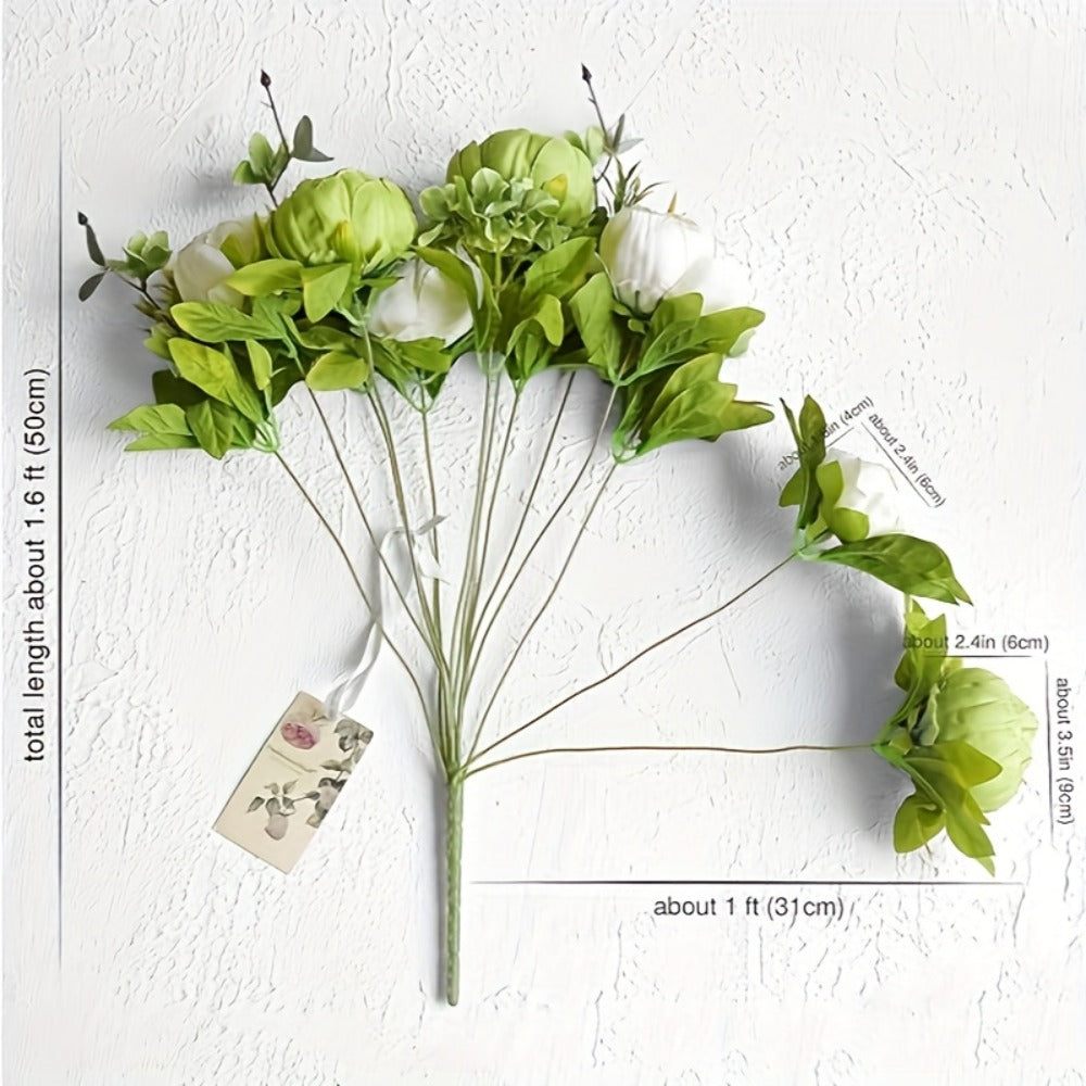 Artificial Flowers Vintage Peony and Hydrangea Bouquet in Beige and Green for Wedding and Home Decor