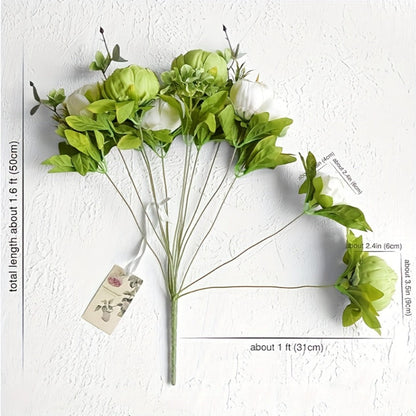 Artificial Flowers Vintage Peony and Hydrangea Bouquet in Beige and Green for Wedding and Home Decor