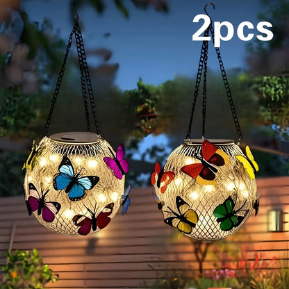 Solar Outdoor Lights 2-Pack Metal Butterfly Hanging Lanterns in Warm White or Multicolor for Porch Decor