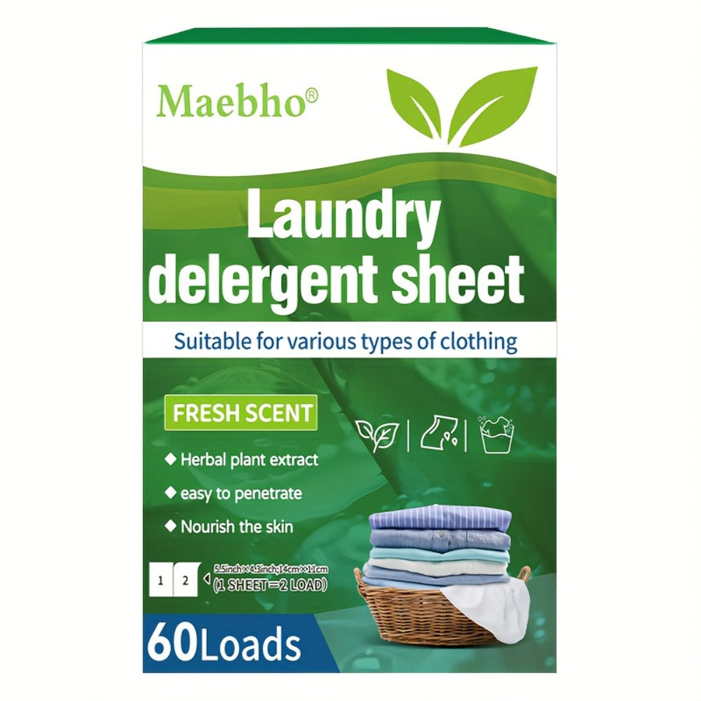 Maebho Fresh Scent Laundry Detergent Sheets, Single Flat-Sheet Box Clearly Labeled for 60 Loads