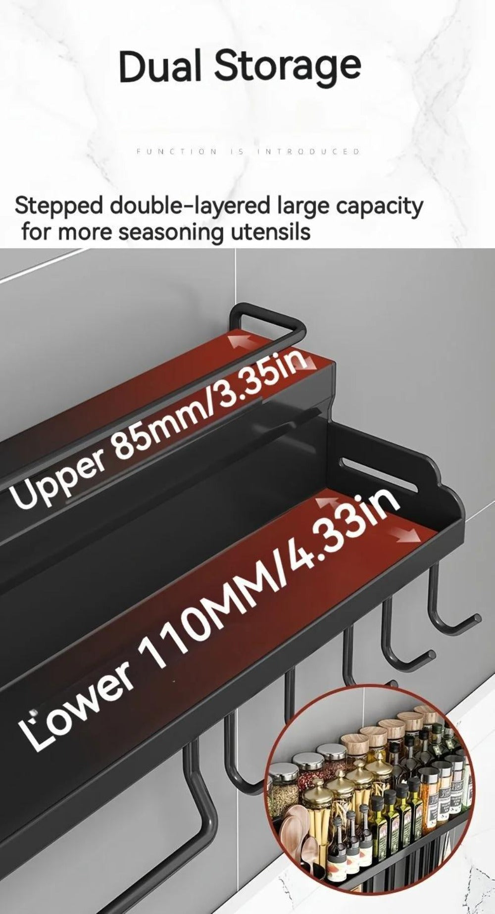 Kitchen Wall Mounted Storage Rack Double Layer – No-Drill Organizer with Knife Slots, Chopstick Holder & Towel Bar, Space-Saving Floating Shelf for Kitchen Counter, 19.69 Inch (Black)