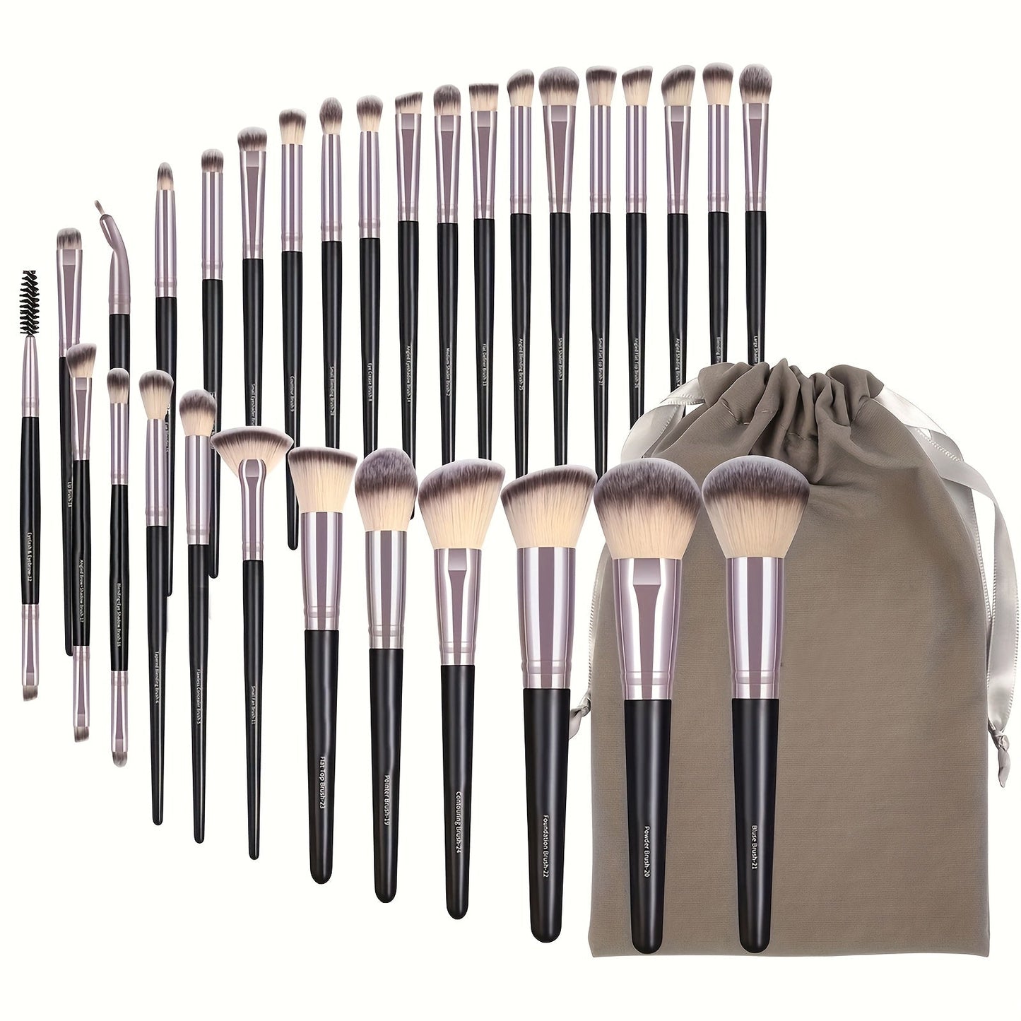 Makeup Brush Set, 30-Piece Nylon Bristle Collection with Alloy Handles, Face and Eye Brush Shapes and Storage Pouch