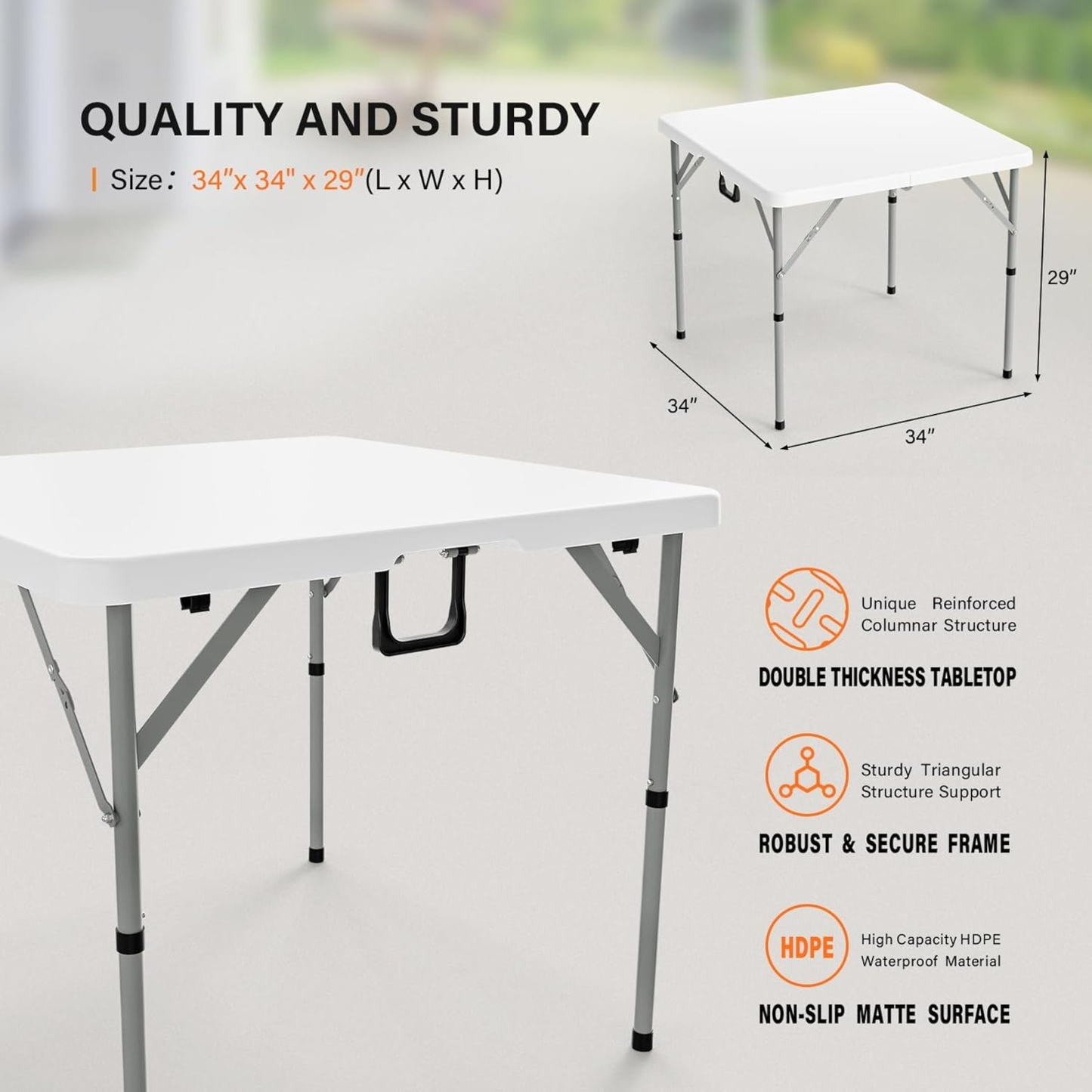 Portable Square Bi-Fold Table with Carry Handle in Black or White, Approximately 34 Inches Wide