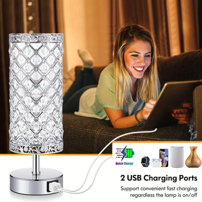 Crystal Bedside Table Lamp with Touch Control & 2 USB Charging Ports, 3-Way Dimmable Nightstand Lamp with Decorative Crystal Base, LED Bulb Included, for Bedroom Living Room Office