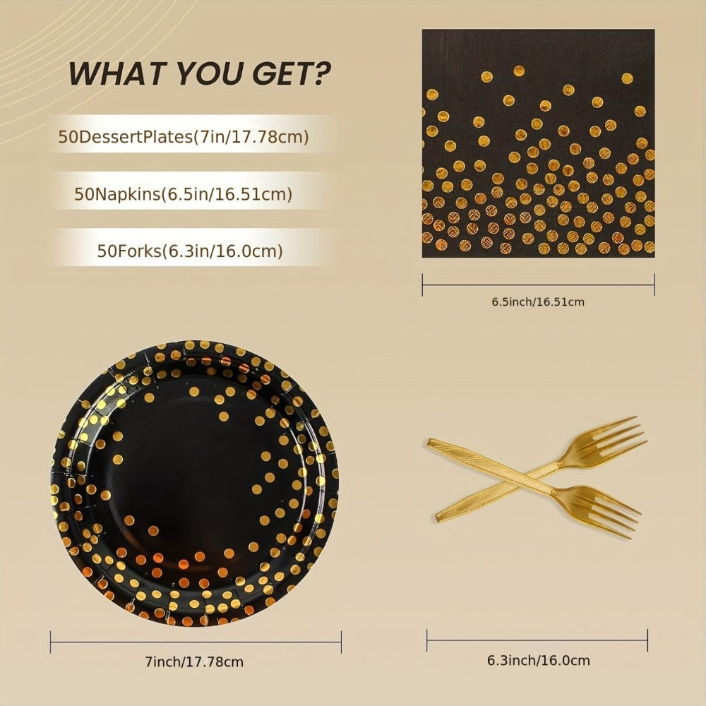 150-Piece Black and Gold Disposable Party Tableware Set with Place Settings for 50 Event Guests