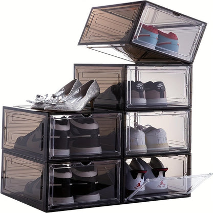 Six-Pack Clear Stackable Shoe Display Boxes with Magnetic Front Doors in Black or White for Closets
