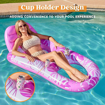 Pink Tropical Inflatable Pool Recliner Float, 60 x 36 x 24 Inches with Mesh Seat and Cup Holder