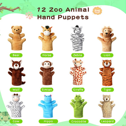 Zoo Animal Hand Puppets Set 12pcs Plush Pretend Toys with Tiger Lion Bear Leopard & More, Soft Stuffed Puppet for Storytelling Teaching Role Play, Kids Toddlers Birthday Christmas Halloween Gift