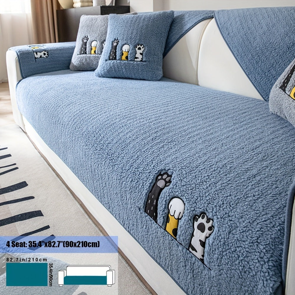 Sofa Cover, Sherpa Plush Cat-Paw Embroidered Seat Pad with Non-Slip Backing in Four Colors and Seven Sizes