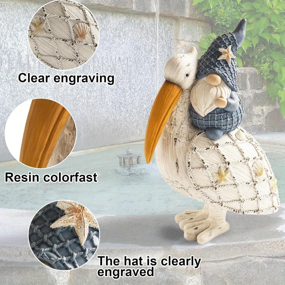 Pelican Gnome Figurine 11.5" – Resin Coastal Beach Decor with Starfish & Seashell, Tabletop Statue for Home, Garden & Poolside – Summer Gift & Nautical Decor