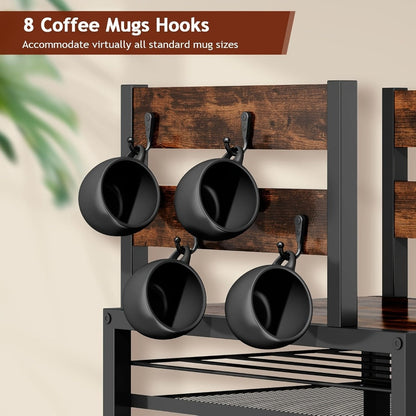 Coffee Capsule and Mug Rack Kitchen Organizer Single or Double Layer Countertop Stand in Rustic Brown