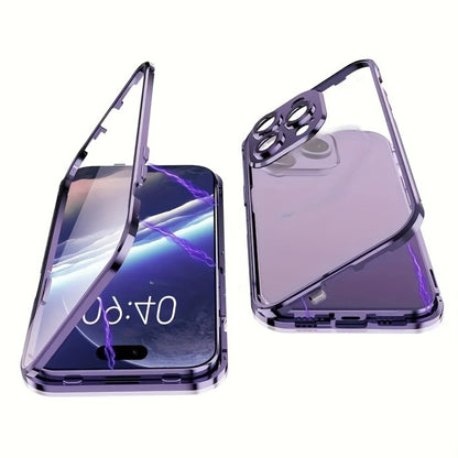 Phone Case Privacy Tempered Glass Cover with Aluminum Frame, Magnetic Snap Lock and Wireless Charging Support