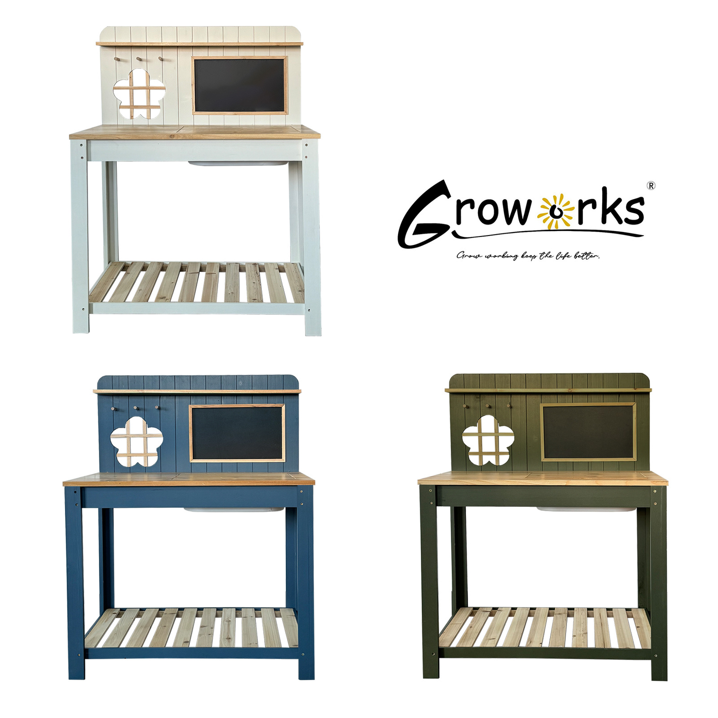 Potting Bench Table Cedar Wood Garden Workstation with Blackboard Removable Sink Hooks Double Shelf for Patio Balcony Courtyard Outdoor Planting Work Bench