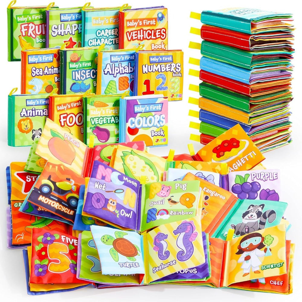 Baby Soft Cloth Books Set of 12 – Nontoxic Crinkle Fabric Bath & Sensory Books for Infants & Toddlers, Touch-and-Feel Early Learning First Books, Washable Baby Shower & Christmas Gift for Newborns