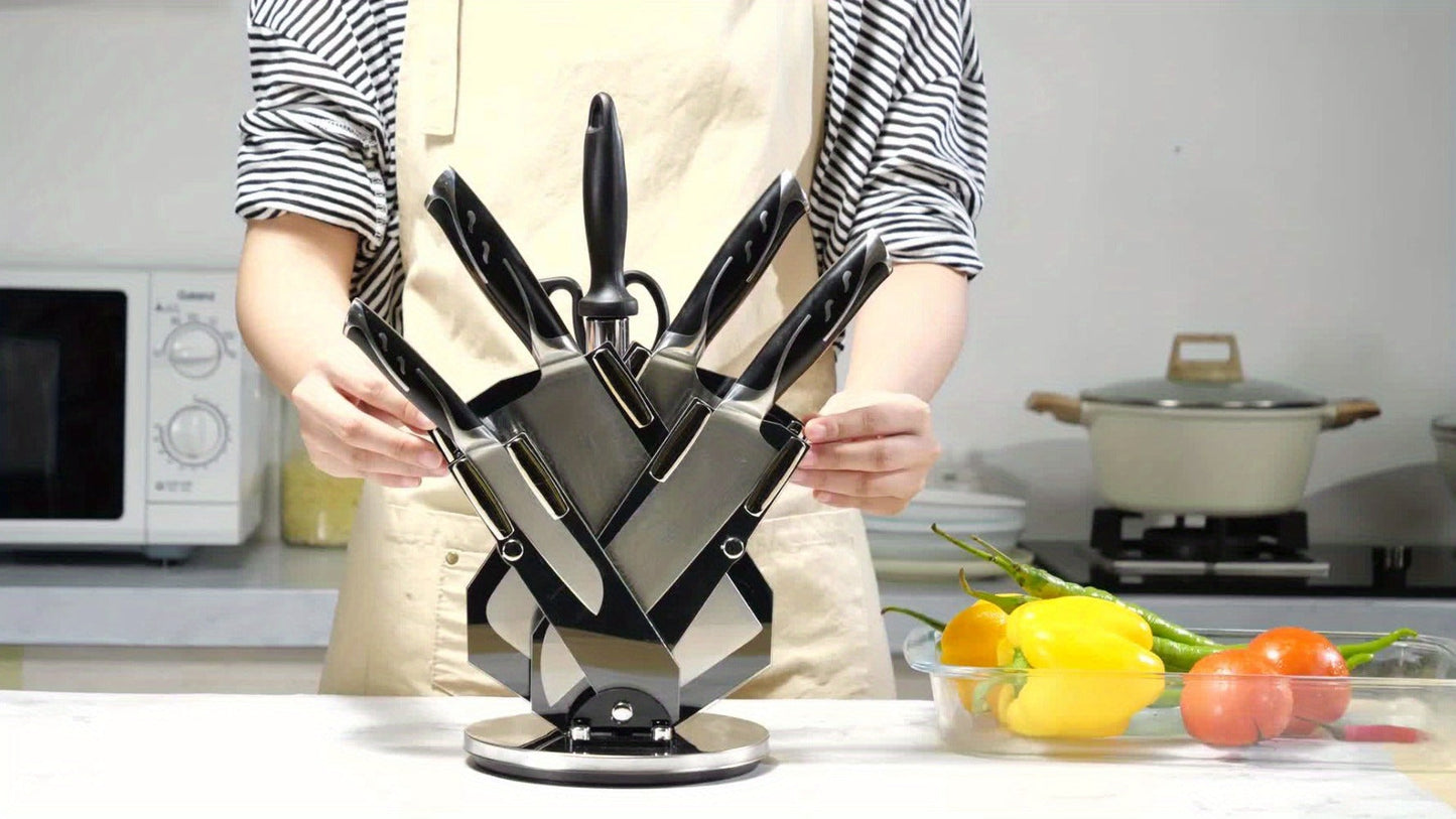 Kitchen Knife Set 7-Piece Damascus Pattern Stainless Steel with Universal Knife Block Holder – Chef Knife, Fruit Knife & Safety Knives Included, Non-Slip Handle