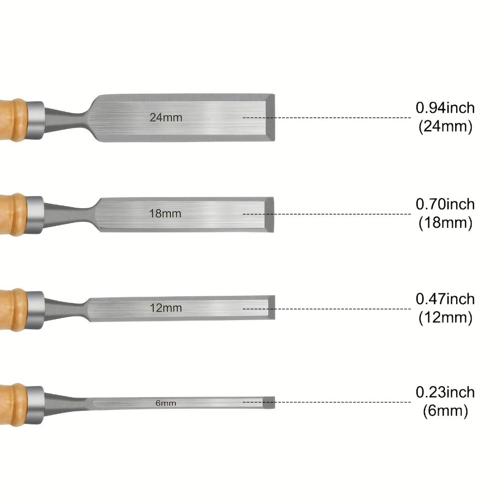 Wood Chisel Set 4pcs – CR-V Steel Woodworking Chisels 6/12/18/24mm, Professional Wood Carving & Carpentry Hand Tools for Beginners and Experts