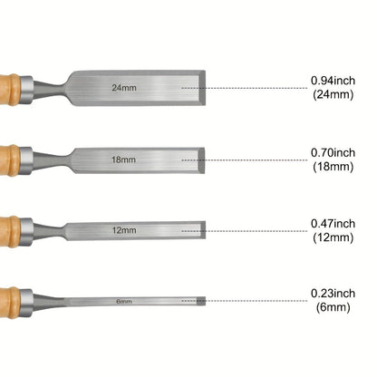 Wood Chisel Set 4pcs – CR-V Steel Woodworking Chisels 6/12/18/24mm, Professional Wood Carving & Carpentry Hand Tools for Beginners and Experts