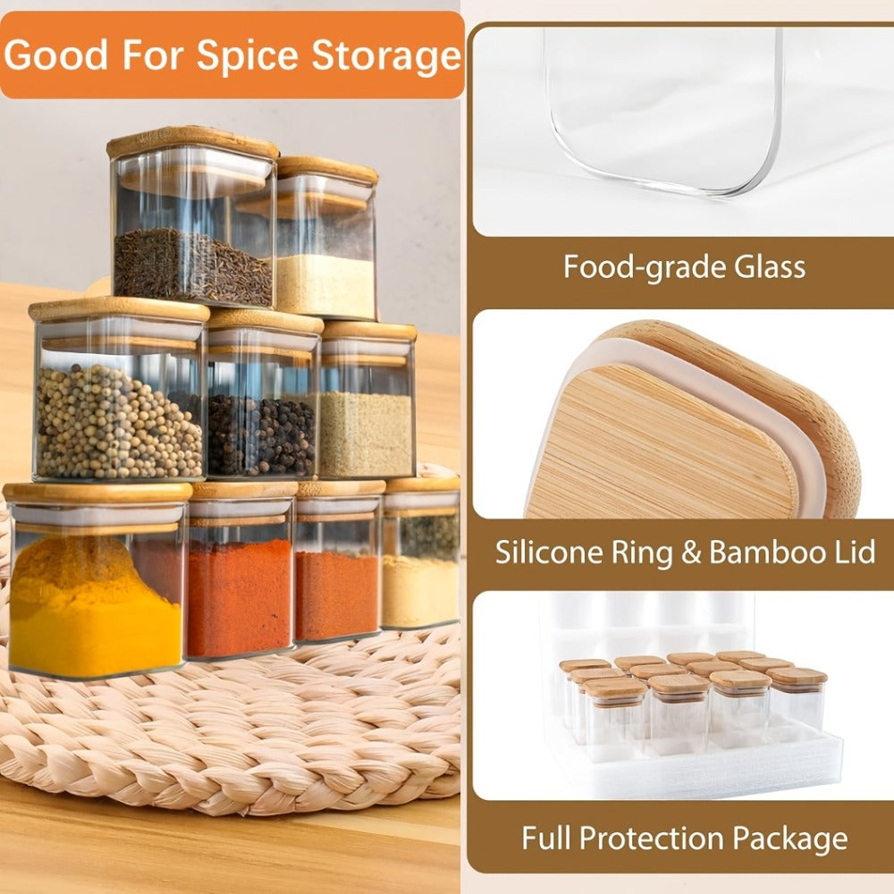 Twelve-Piece Square Glass Spice Jar Set with Bamboo-Style Lids, Labels and 7-Ounce Capacity