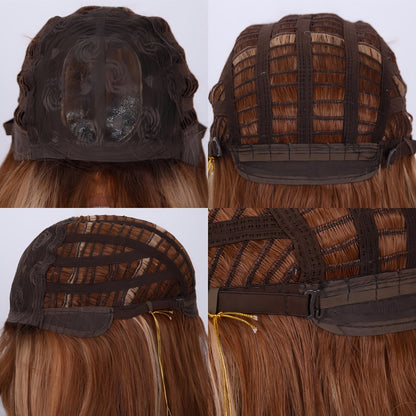 Synthetic Wig 24-Inch Light Brown Body Waves with Golden Highlights, Bangs and Rose Net Cap