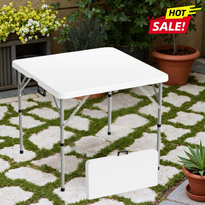 Portable Square Bi-Fold Table with Carry Handle in Black or White, Approximately 34 Inches Wide