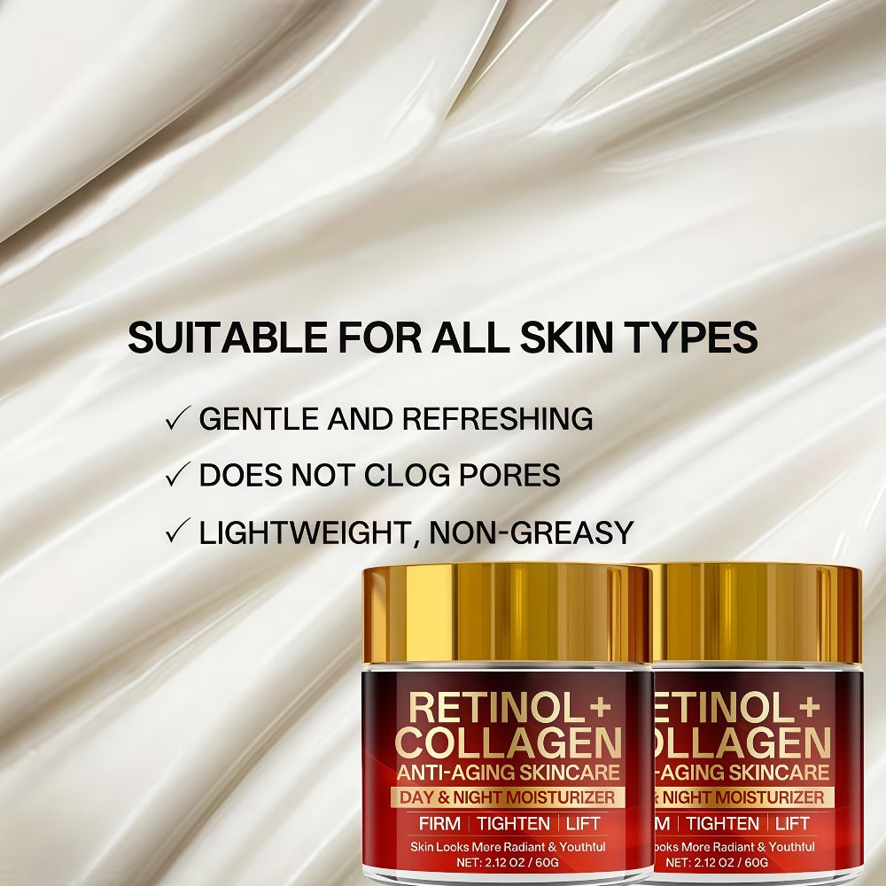 Two-Jar Day and Night Face Moisturizer Set with Retinol + Collagen Package Label and 60 g Jars