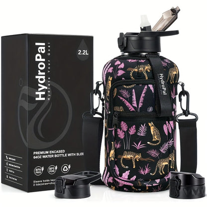 74oz Water Bottle Set with Two-Pocket Storage Sleeve, Phone Holder, Straw and Chug Lids, and Three Dark Prints