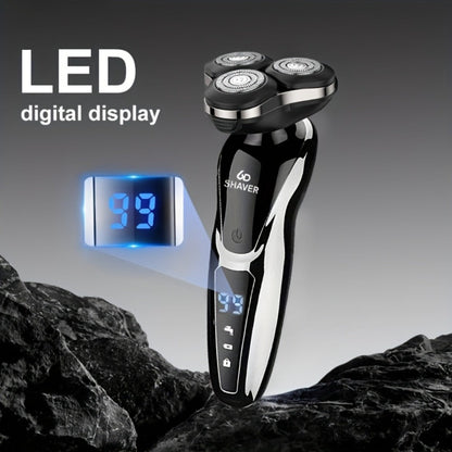 Black Three-Head Rotary Shaver with Digital Display in Standalone, Three-Piece or Four-Piece Sets