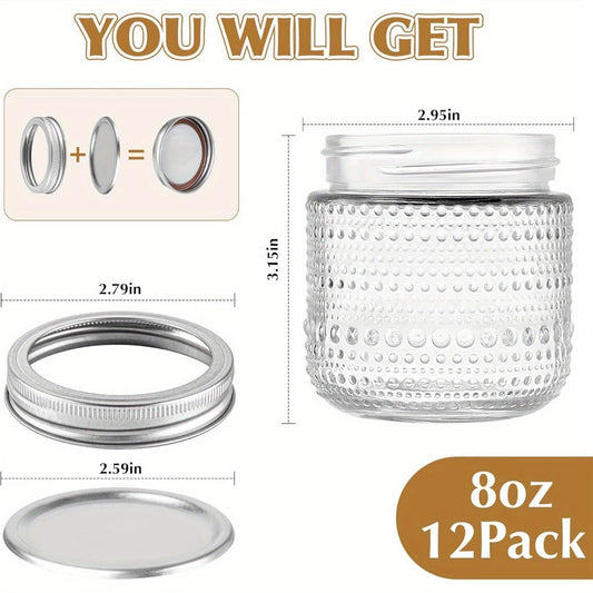 Mason Jars 8oz with Lids 12 Pack – Clear Glass Canning Jars with Silver Metal Lids, BPA-Free Food-Grade, Dishwasher Safe – for Storing, Pickling, Honey, Jam, Candles & DIY Crafts