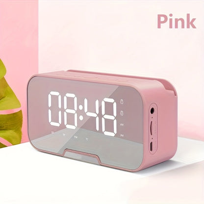 Pink Mirror Bluetooth Speaker with Wireless Microphone – LED LCD Display, FM Radio, TF Card, USB Charging, Alarm Clock, Adjustable Volume & Brightness, Birthday & Easter Gift for Girls