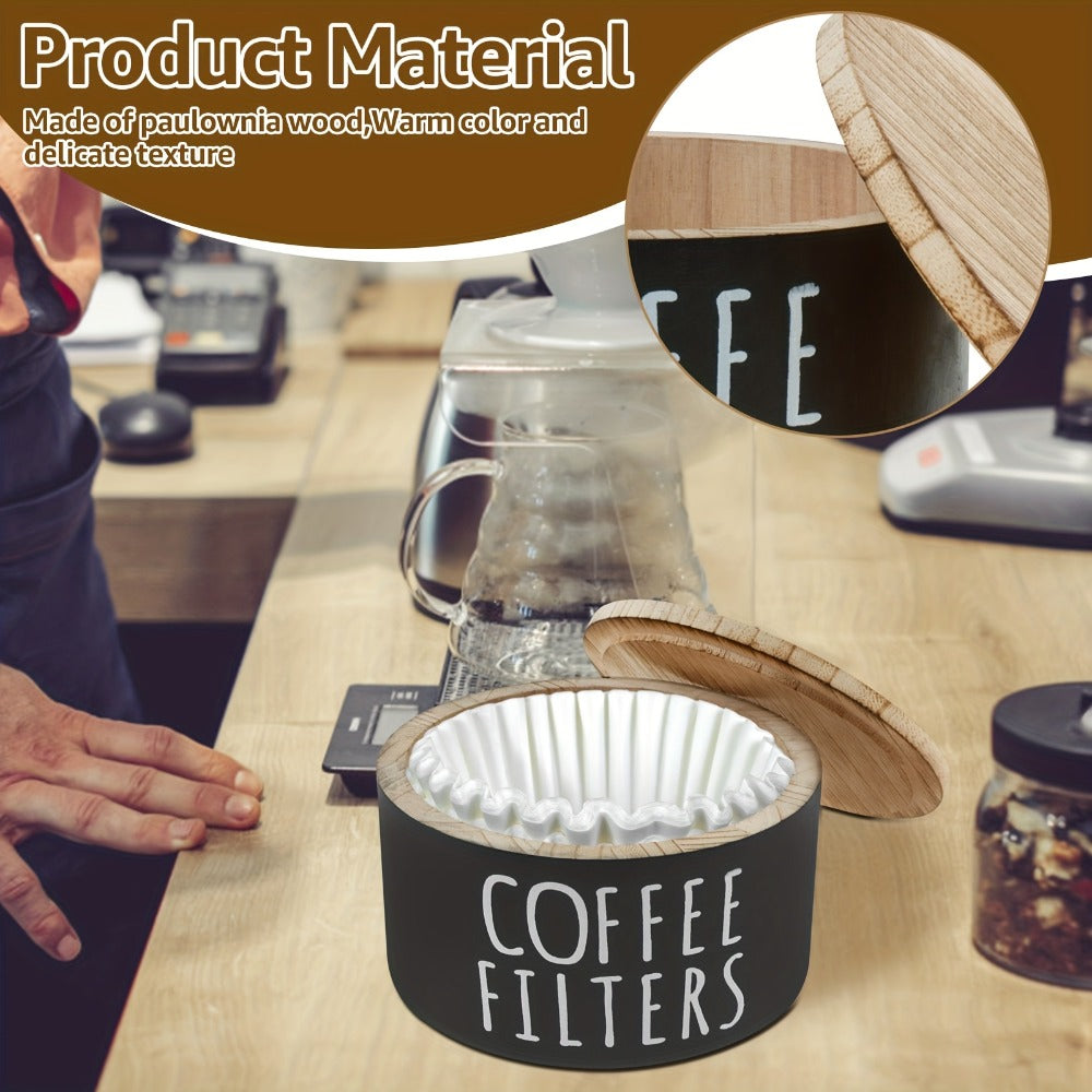 Wooden Coffee Filter Holder with Lid – Large Capacity Rustic Round Organizer Dispenser for Coffee Filters & Tea Bags, Bamboo Lid, Kitchen Countertop Coffee Bar Decor
