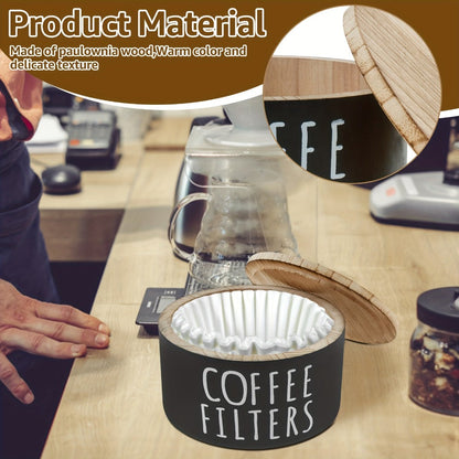 Wooden Coffee Filter Holder with Lid – Large Capacity Rustic Round Organizer Dispenser for Coffee Filters & Tea Bags, Bamboo Lid, Kitchen Countertop Coffee Bar Decor