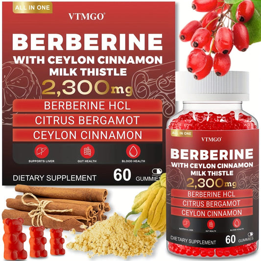 Berberine HCL Gummies 2300mg 60ct with Ceylon Cinnamon, Milk Thistle & Turmeric for Blood Sugar Balance, Metabolism, Liver & Gut Health, Berry Flavour for Men & Women