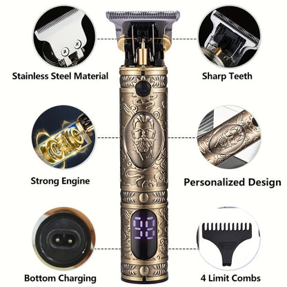 Retro T-Blade Wireless Hair Clipper for Men — Vintage Design Electric Trimmer Set with LED Display USB Charging Multiple Accessories, T9 T10 Models Bronze Gold Black, Grooming Gift for Him