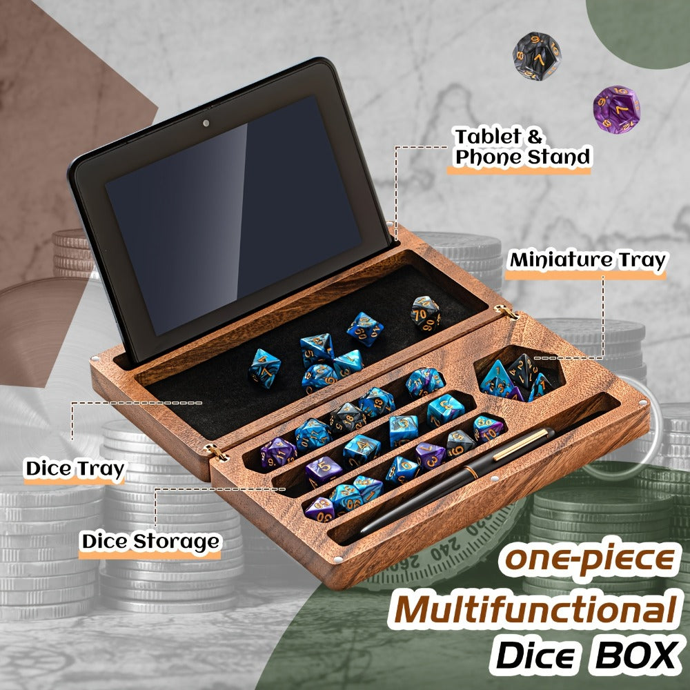 Walnut-Color Wooden Dice Storage Box with Magnetic Flip Lid, Rolling Tray and Phone or Tablet Stand