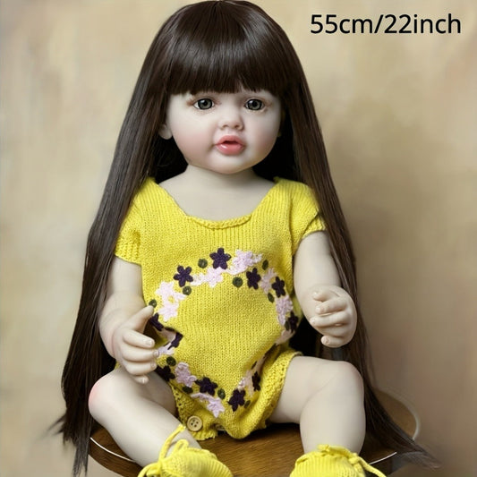 Reborn Baby Doll 22-Inch Full Vinyl Toddler Design with Dark Wig Hair, Acrylic Eyes, Yellow Outfit and Accessories