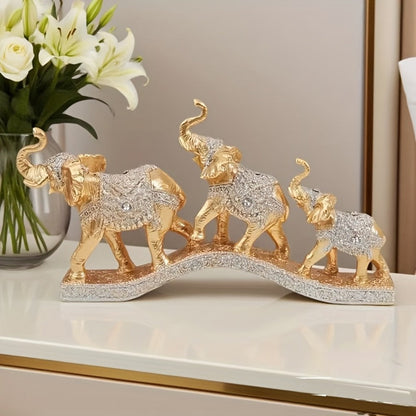 Golden Elephant Family Figurine Set with Three Resin-Look Sculptures on a 14-Inch Display Base