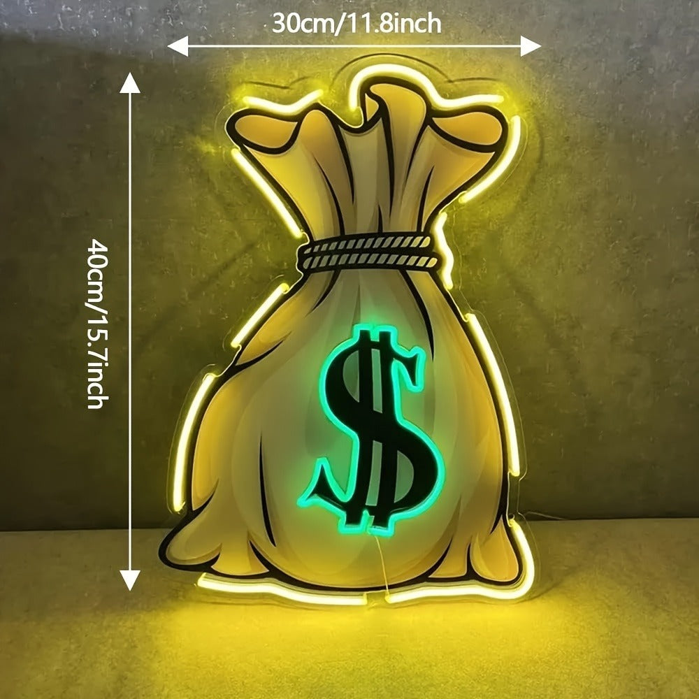 Money Bag LED Neon Sign with 40 x 30 cm Panel, USB Power and Yellow, Green and White Outline