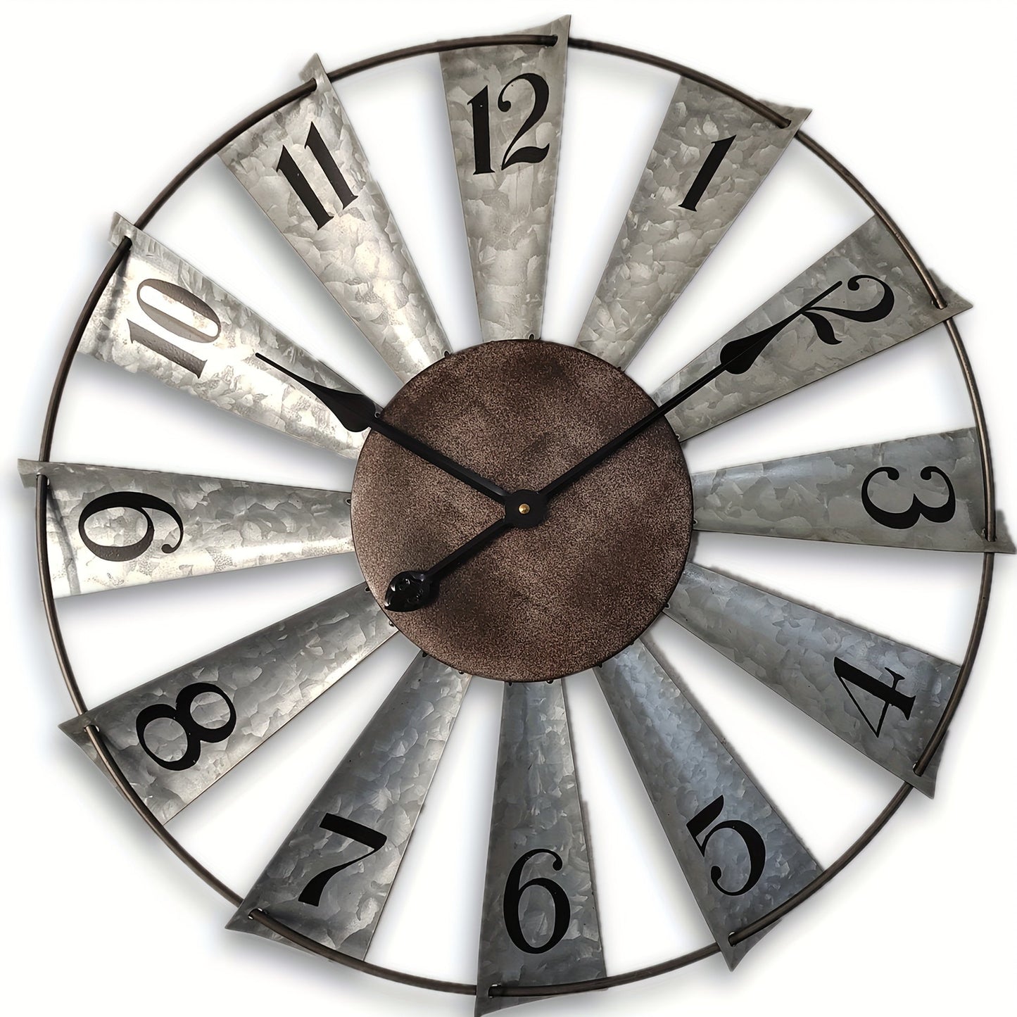 24 Inch Farmhouse Wall Clock Large Vintage Metal Windmill Blade Galvanized Analog Clock Battery Operated Silent for Living Room Kitchen Bedroom Porch