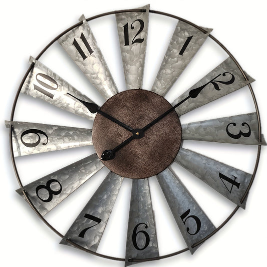 24 Inch Farmhouse Wall Clock Large Vintage Metal Windmill Blade Galvanized Analog Clock Battery Operated Silent for Living Room Kitchen Bedroom Porch