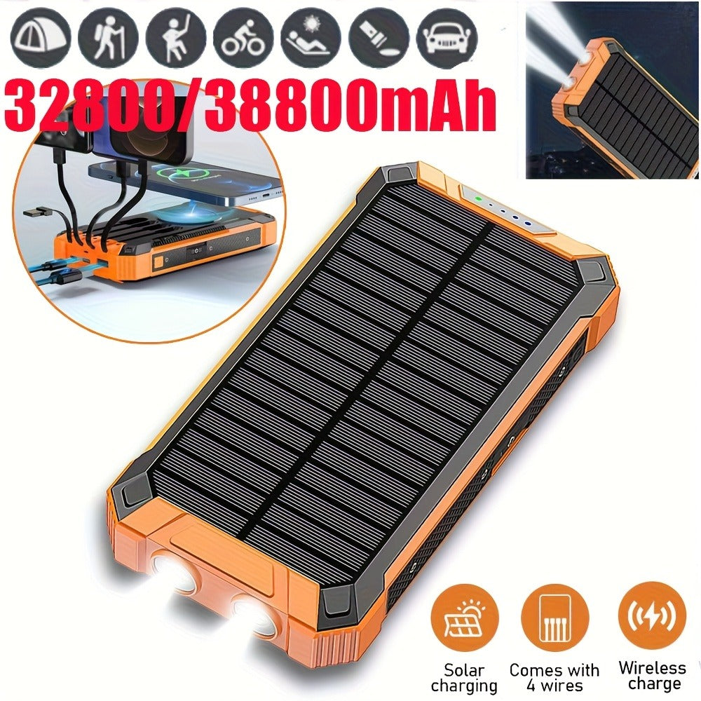 32800mAh Solar Power Bank 6 Outputs Wireless Charger – 4 Built-In Cables Dual Flashlights 15W Fast Charging, 32800 38800mAh External Battery Pack for Travel Camping GPS Emergency iPhone 17 Android