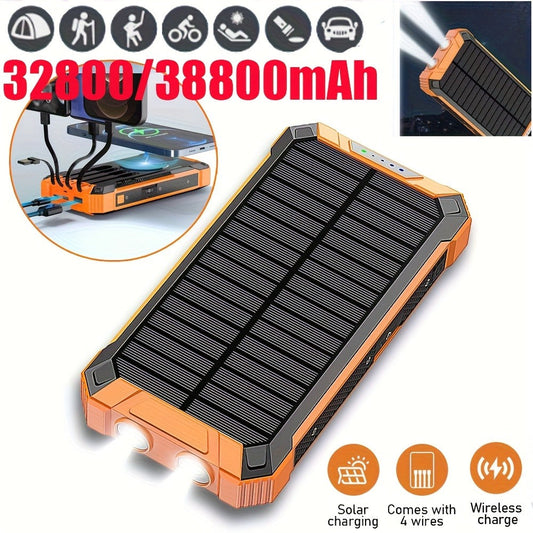 32800mAh Solar Power Bank 6 Outputs Wireless Charger – 4 Built-In Cables Dual Flashlights 15W Fast Charging, 32800 38800mAh External Battery Pack for Travel Camping GPS Emergency iPhone 17 Android