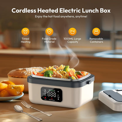 Self Heating Lunch Box Battery Powered 8000mAh - 60W Portable Electric Food Warmer with Smart Timer 1 Liter Stainless Steel Inner Container for Home Car Office and Truck, Leak Proof with Fork Spoon and Carry Bag, Gift for Men and Women
