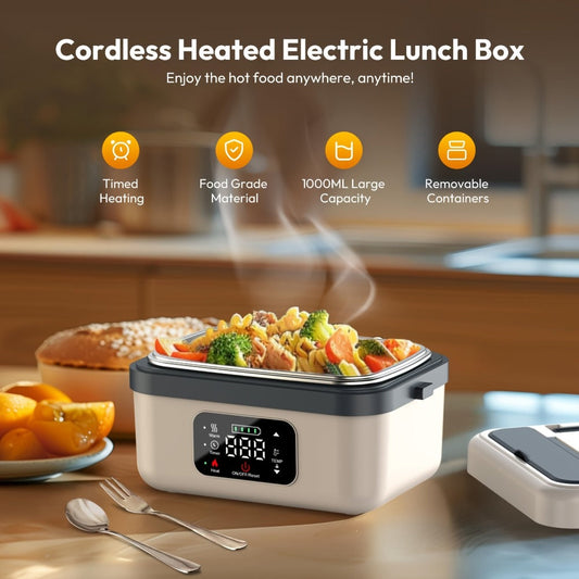 Heated Lunch Box, 8000mAh Battery-Powered 60W Food Warmer with 1L Stainless Steel Inner Container