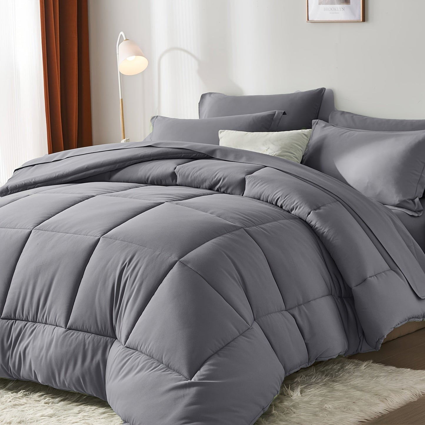 Comforter Set Soft Breathable Microfiber Bed in a Bag with Fitted Sheet Flat Sheet Pillowcases & Shams – All Season Fluffy Checkered Bedding Set Twin Full Queen King