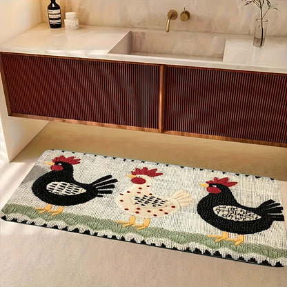 Rooster Print Door Mat with Light Striped Field and Fringed-Look Border in Three Rectangles or One Runner