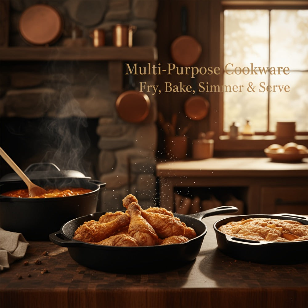 Cast Iron Cookware Collection with Eight Skillet, Dutch Pot, Griddle, Baking Tray and Set Configurations
