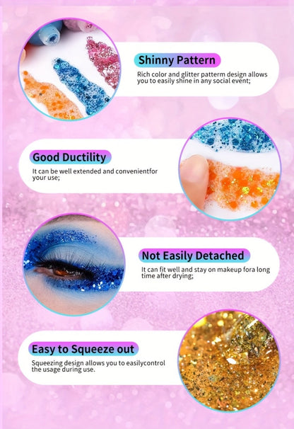 30-Piece Face and Body Glitter Gel Set with Mermaid Shapes, Stars and Hearts for Festival Makeup